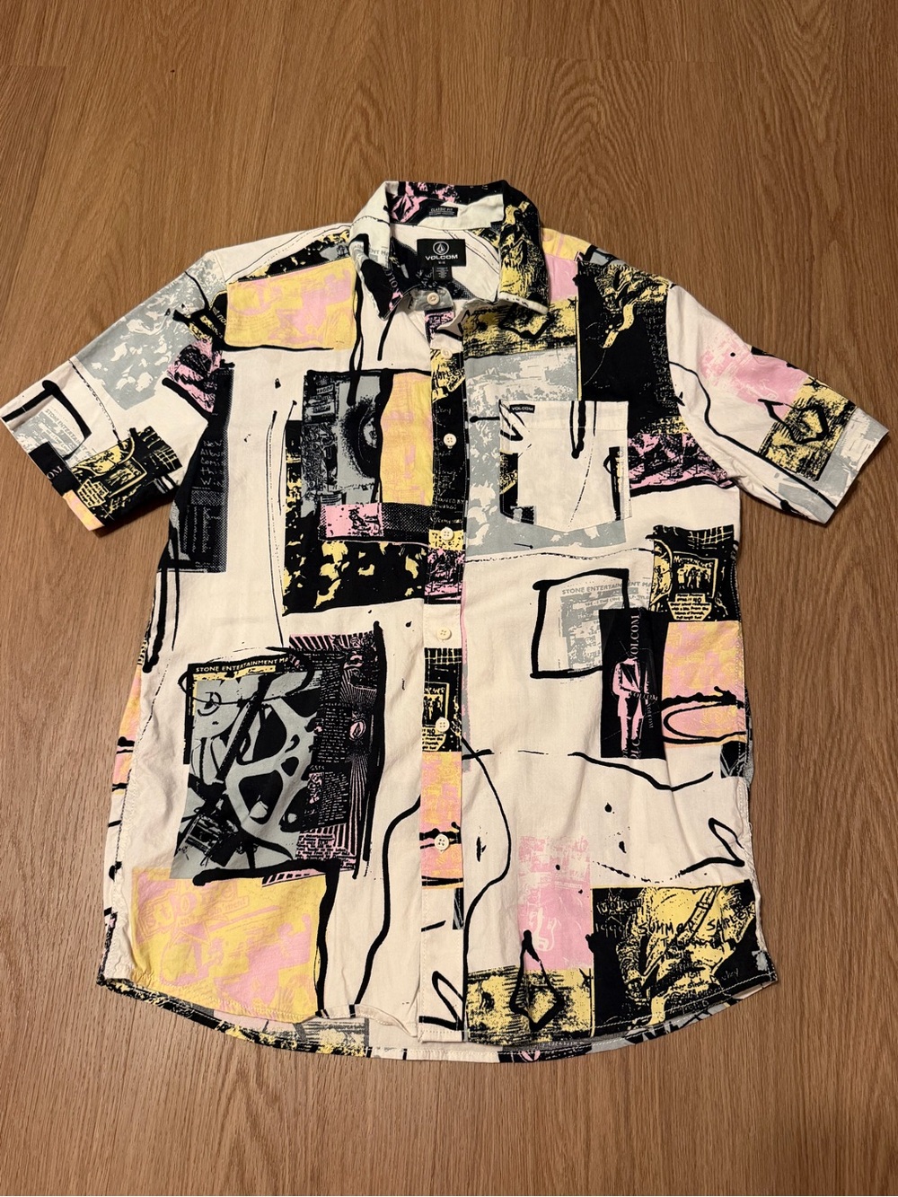 Volcom Cream Short-Sleeve Button-Up with Black, Pink & Yellow Abstract Print - Picture 2 of 9